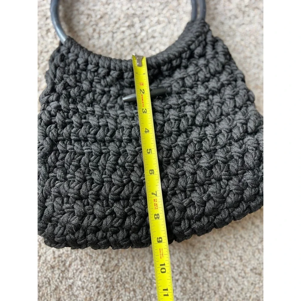 Vintage Crochet Hobo Bag Black Knitted Purse Circle Handle Boho‎ Chic